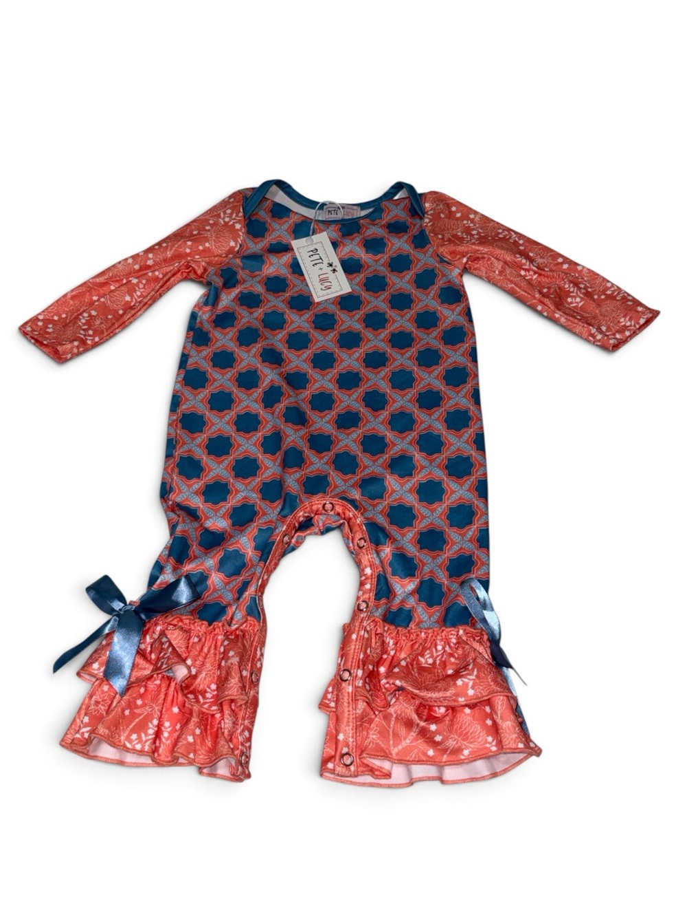 Pete + Lucy Coral & Navy Patterned Ruffle Romper Baby Size 9 to 12 Months